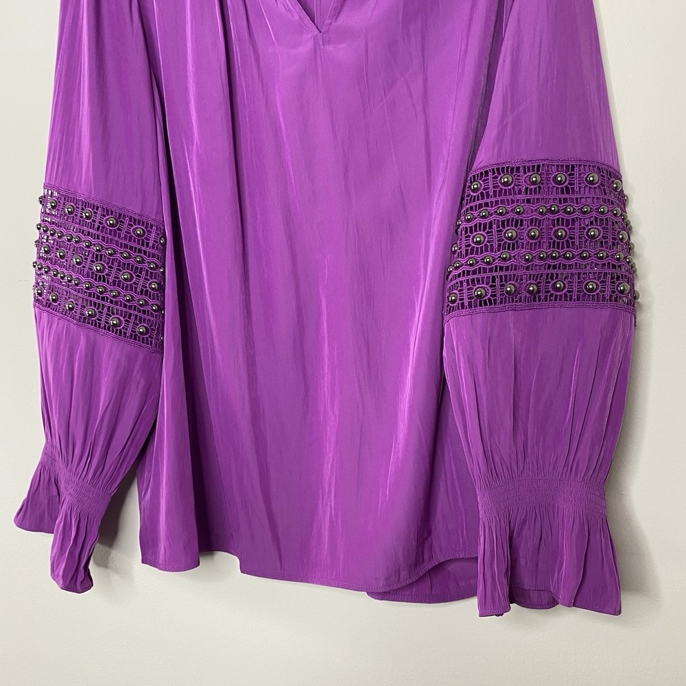 Chico's‎ Blouse 4 XXL Purple Tunic Top Mesh Studded Sleeve Ruffle Cuff V Neck - Picture 4 of 16